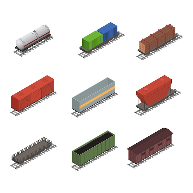 Diversi tipi di set di icone 3d del treno vista isometrica elementi ferroviari simbolo della ferrovia cargo illustrazione vettoriale dei treni