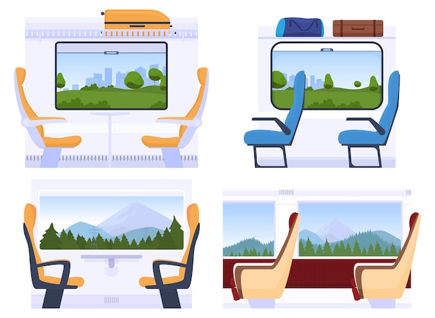 Different types of train car interiors Travel by rail Vector illustration on a white background