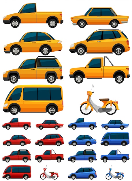 Vector different types of transportations in three colors
