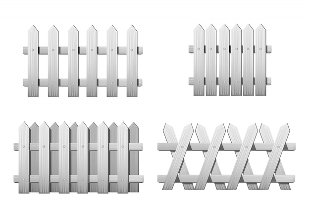 Vector different types white wooden fence. set of garden fences isolated on white