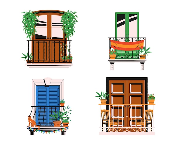 Vettore diversi tipi di finestre e balconi illustrazione vettoriale in stile piatto