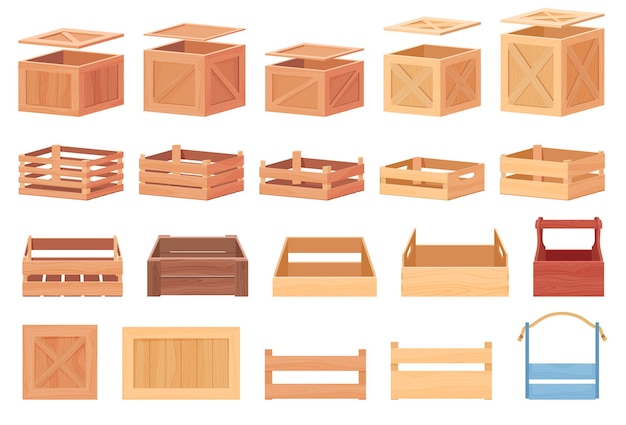 Different types of wooden boxes boxes for storage of various substances vector illustration