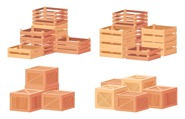 Different types of wooden boxes boxes for storage of various substances vector illustration