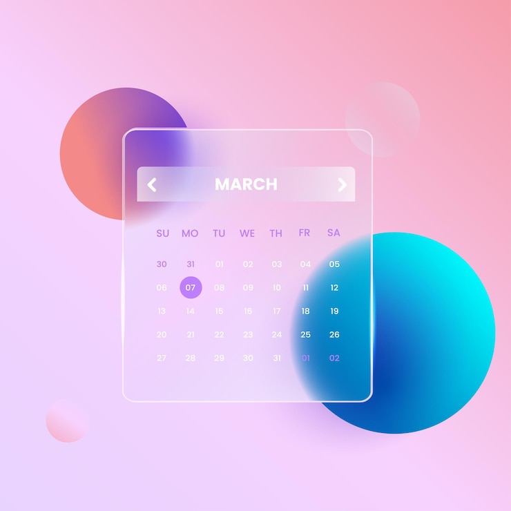 Different UI, UX, GUI screens fitness app, flat web icons for apps. calendar GLASSMORPHISM style. GUI for responsive mobile application.Vector