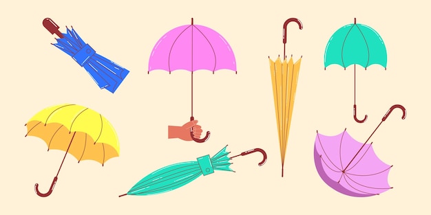 다양한 위치의 다른 우산 열려 있고 접힌 우산 우산의 벡터 그림