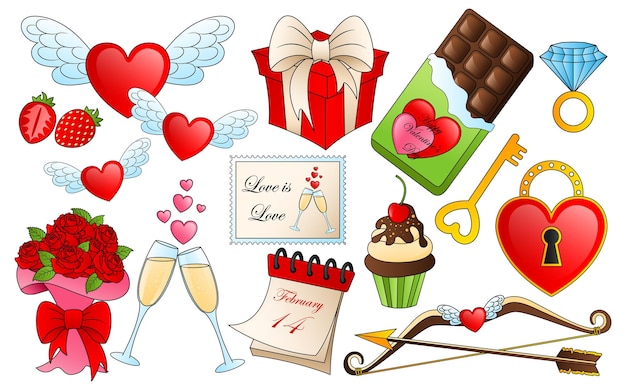 Vector different valentines day elements. cartoon love and passion icons,  stickers for valentine's day items design