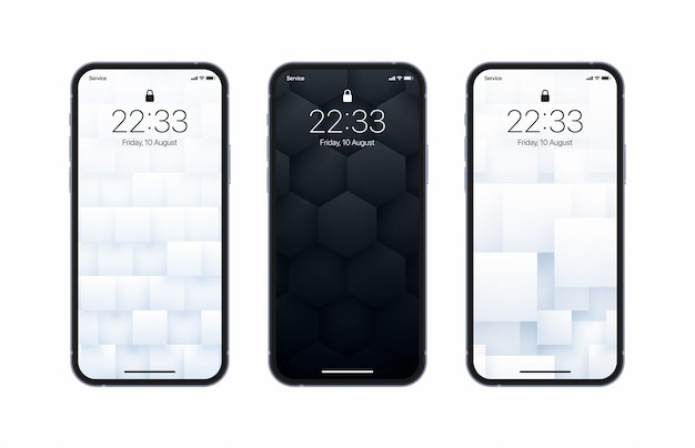 Different variations black and white 3d geometric wallpaper set on photo realistic smart phone screen isolated on white background. abstract 3d rendered textures vertical screensavers for smartphone