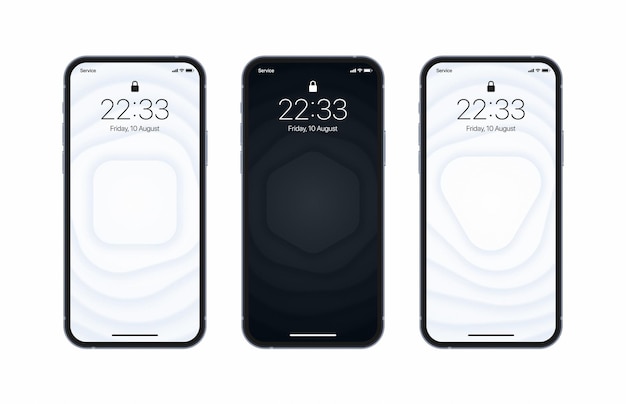 Различные варианты черно-белые 3D многослойные гладкие геометрические обои на фото реалистичный экран смартфона, изолированных на белом фоне. Вертикальные абстрактные размытые заставки для смартфонов