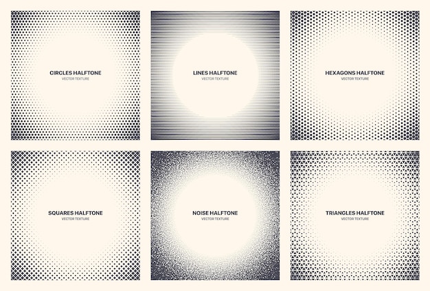 different variations halftone circle frame set vector abstract geometric patterns isolated on white background. various half tone texture collection circles lines noise squares hexagons triangles