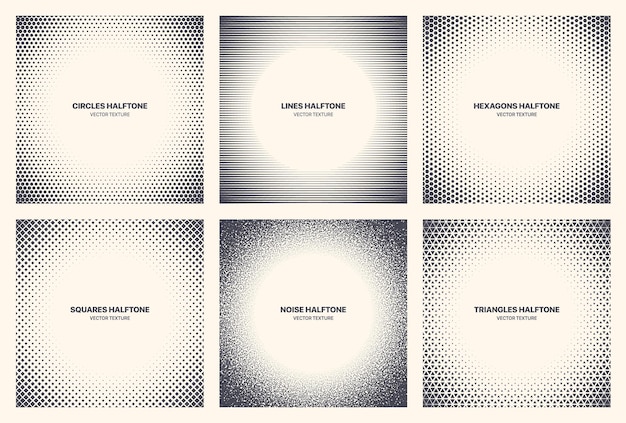 Vector different variations halftone circle frame set vector abstract geometric patterns isolated on white background. various half tone texture collection circles lines noise squares hexagons triangles