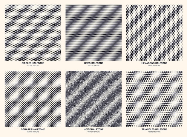 Vector different variations halftone incline stripe patterns set vector geometric texture isolated on white background. modern various half tone textures collection circle line noise square hexagon triangle