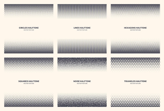 Vector different variations halftone pattern set vector abstract geometric border isolated on white background. various half tone geometric textures collection circles lines noise squares hexagons triangles