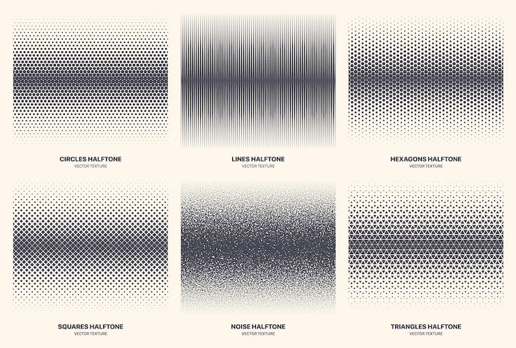 Vector different variations halftone texture set abstract geometric border isolated on background. modern various half tone patterns textures collection circles lines noise squares hexagons triangles