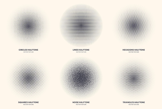 Different variations halftone texture set abstract geometric circular pattern isolated on background. various half tone radial textures collection circles lines noise squares hexagons triangles