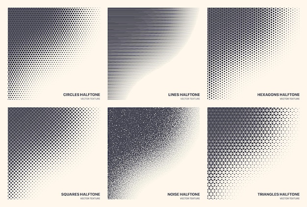 Vector different variations halftone texture set abstract geometric curved border isolated on background. various half tone pattern textures collection circles lines noise squares hexagons triangles