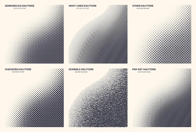 Vector different variations halftone texture set vector geometric pattern curved border isolated on white background. various halftone gradient collection semi circle wavy line star checkers scribble pop art