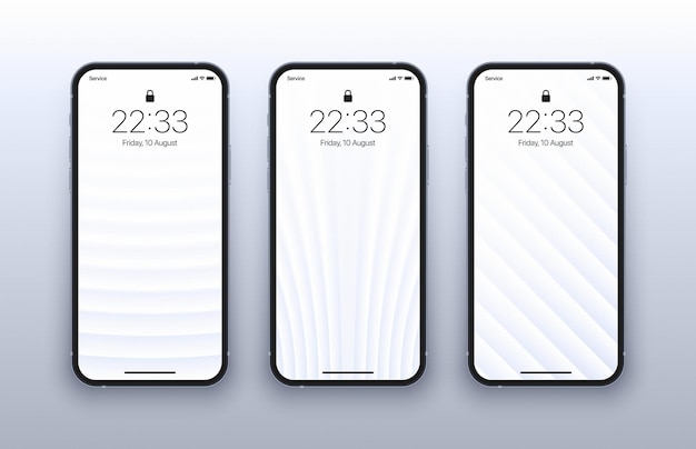 Diverse varianti sfondo geometrico bianco minimalista con linee morbide 3d impostato sullo schermo dello smartphone realistico con foto isolato su sfondo chiaro. screensaver sfocati astratti verticali per smartphone