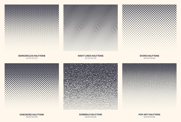 Vector different variations new halftone gradient vector abstract geometric pattern set isolated on white background. various half tone texture collection semi circle wavy line star checkers scribble pop art