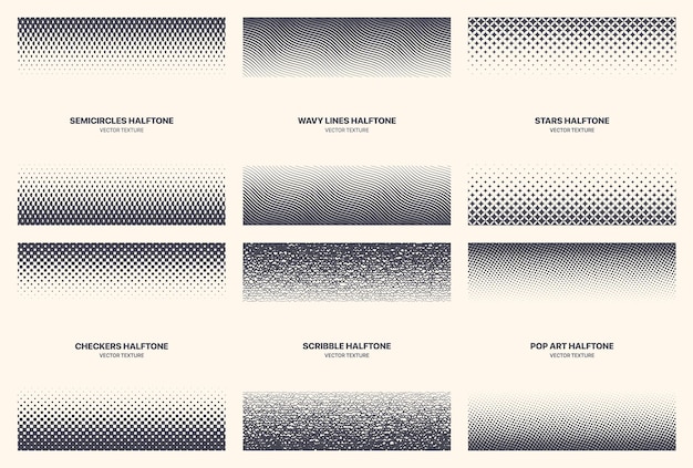 different variations new halftone texture vector abstract geometric pattern set isolated on white background. various half tone gradient collection semi circle wavy line star checkers scribble pop art