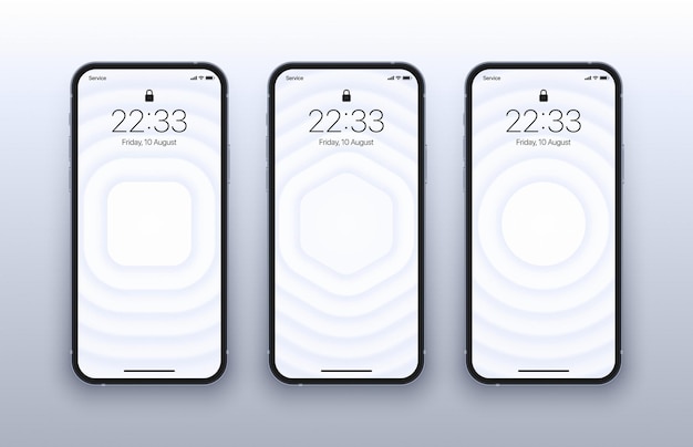 明るい背景で隔離の写真のリアルなスマートフォンの画面に設定された白い3dレイヤード滑らかな幾何学的な壁紙のさまざまなバリエーション。スマートフォン用の垂直未来の抽象芸術スクリーンセーバー