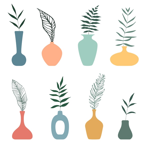 Different vases with leaves for the interior