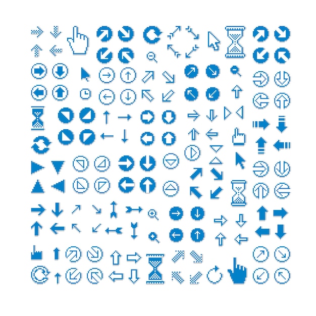 Frecce vettoriali diverse, icone pixel isolate, raccolta di elementi grafici a 8 bit. segnali di direzione digitali semplicistici, icone web.