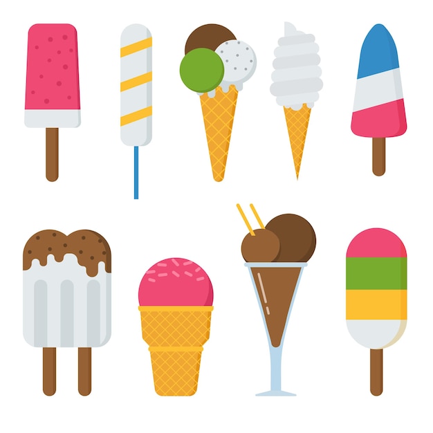 Different vector sweet frozen ice cream collection. various flat design ice-cream set. summer cold ice-creams with fruits and chocolate. colorful strawberry icecream dessert illustration isolated.