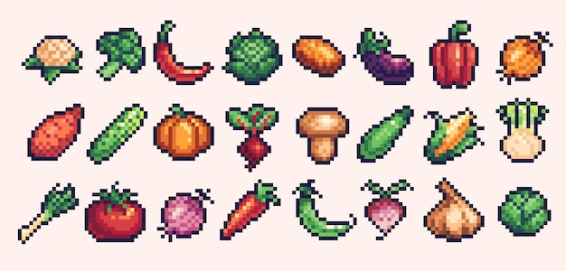 Different vegetables pixel art icon set fresh veggies logo collection