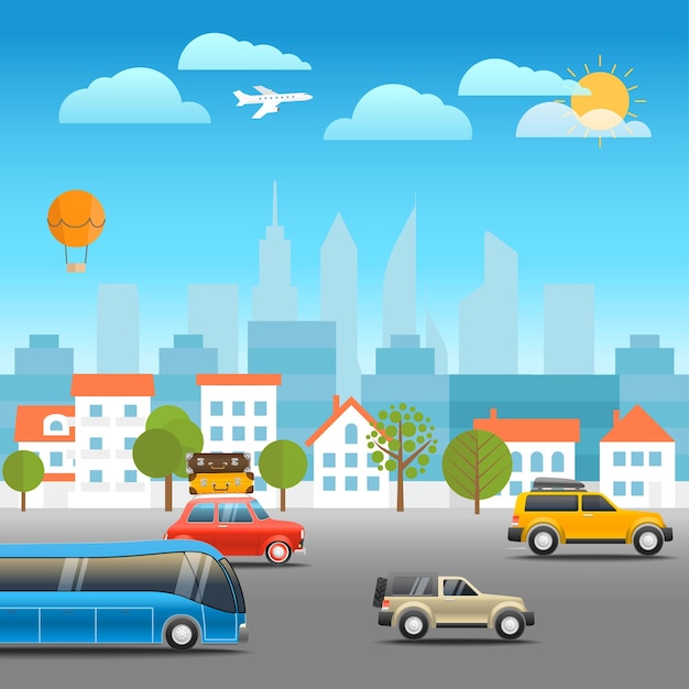 Different vehicles on a road vacation traffic illustration