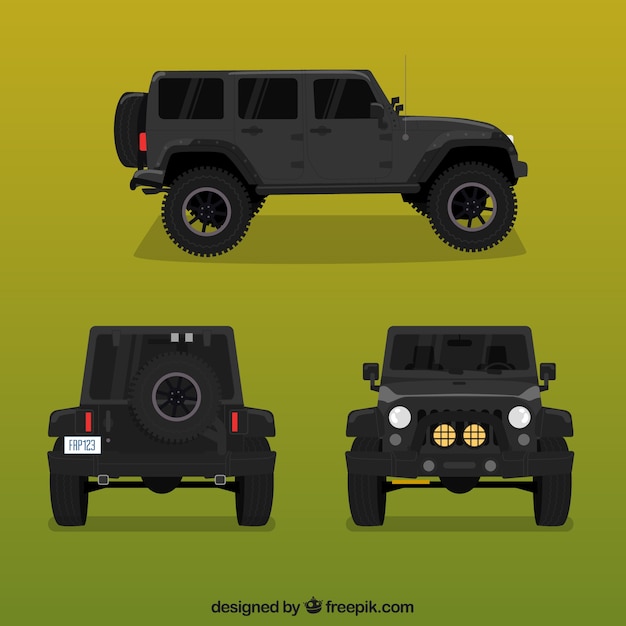 Different views of black offroad car