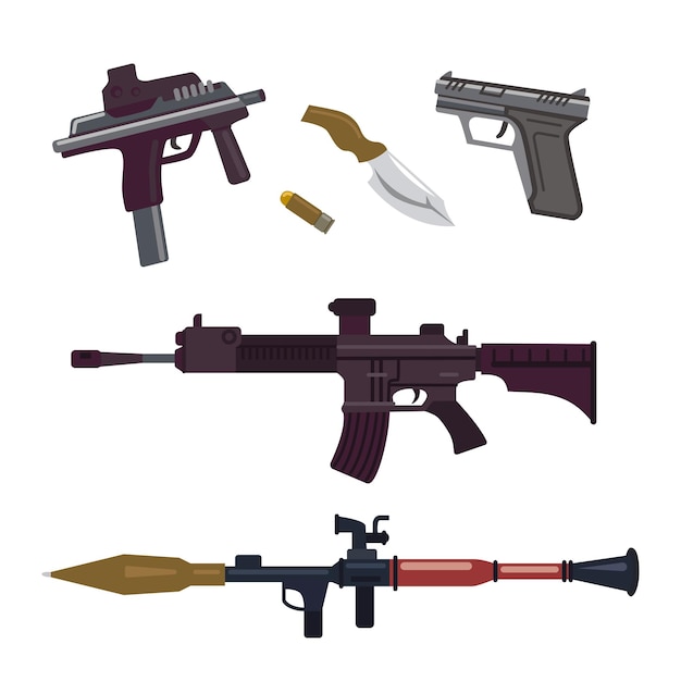 Different weapons or firearms vector illustrations set. Collection of cartoon doodles of military equipment, guns or pistols, rifle, knife, bullet isolated on white background. War, violence concept