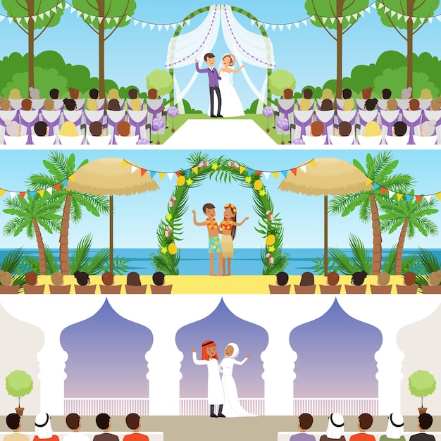 Vector different wedding ceremonies set, traditional, exotic tropical beach and muslim weddings vector illustrations, web design