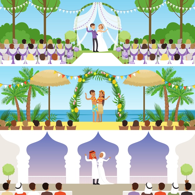 Diverse cerimonie nuziali, spiaggia tropicale tradizionale, esotica e matrimoni musulmani vector le illustrazioni