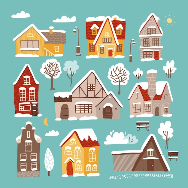 Different winter houses set brick and wooden christmas houses covered with snow winter background wi...