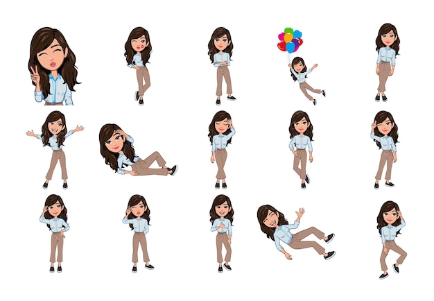 Vector different woman facial expressions or young female feelings and girl emoji with various emotions