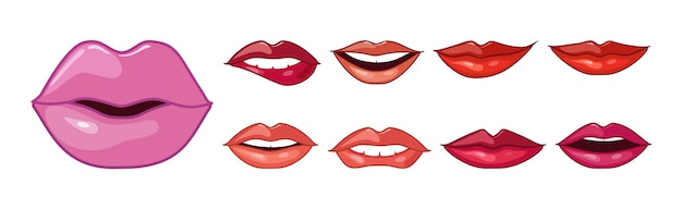 Vector different woman lips icon of pink and red color vector set