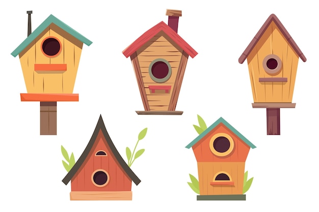 Different wooden handmade bird houses collection isolated on white background Flat cartoon