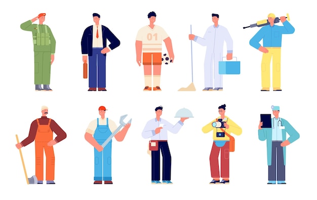 Vector different workers group young working characters diversity professions builder worker doctor businessman job occupation utter vector set