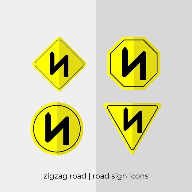 Different zigzag road road sign vector collection in yellow icons