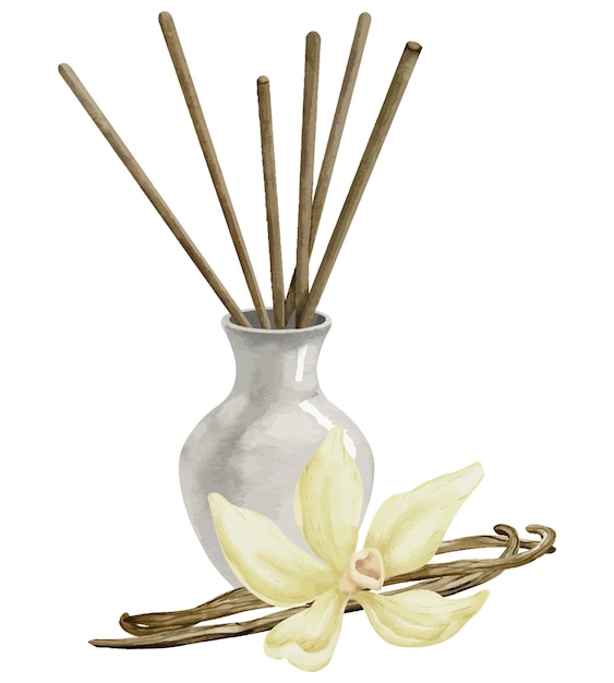 ベクトル バニラの花とスティックのディフューザー白い孤立した背景に手描きの水彩イラストフレグランスとアロマセラピーのためのリフレッシュ剤の描画家庭用の必須香水のスケッチ