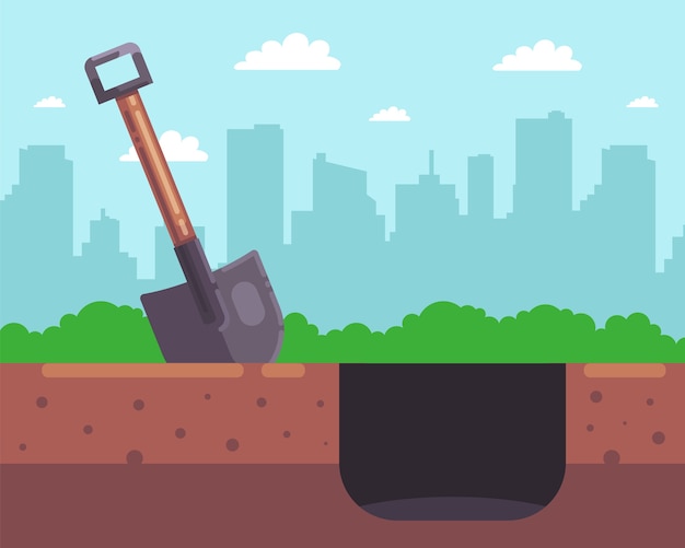 Vettore scavare una buca profonda con una pala di legno sullo sfondo della città.
