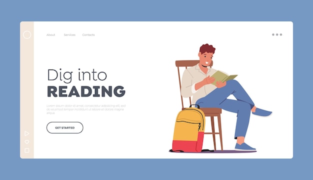 Dig Into Reading Landing Page Template Young Man Student Sitting On Chair With Book In Hands Male Character Bookworm