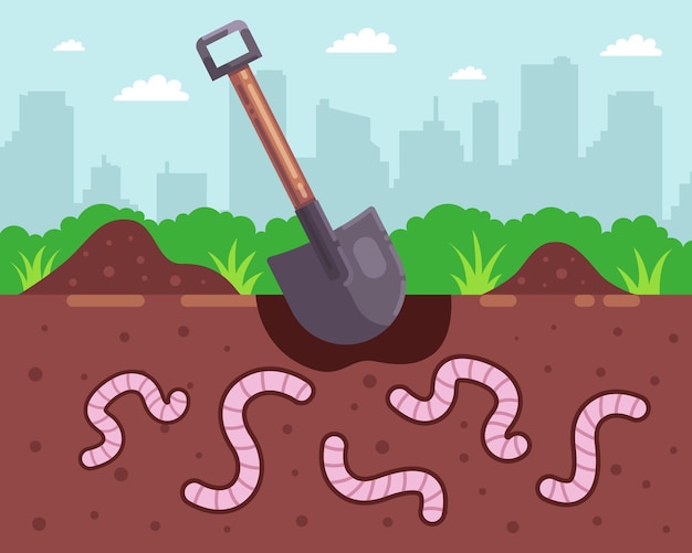 Vector dig worms for fishing. shovel digs a hole. flat vector illustration.