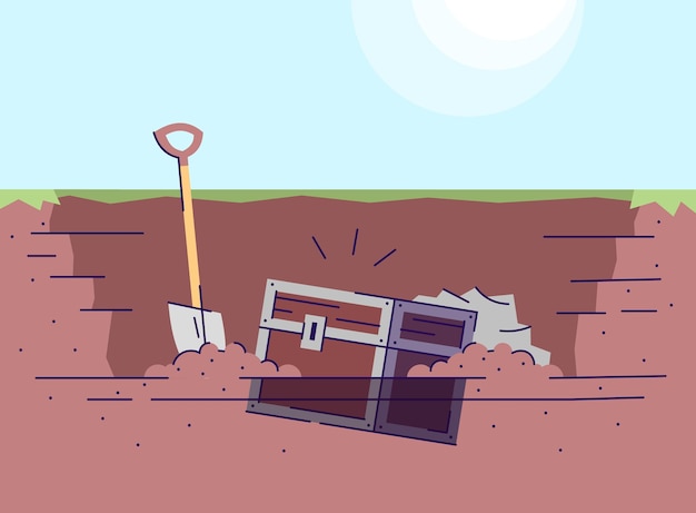 Vector digging up treasure chest flat vector illustration archaeological excavations learning of world history treasure hunting ancient box and spade in ground pit historical expedition cartoon backdrop