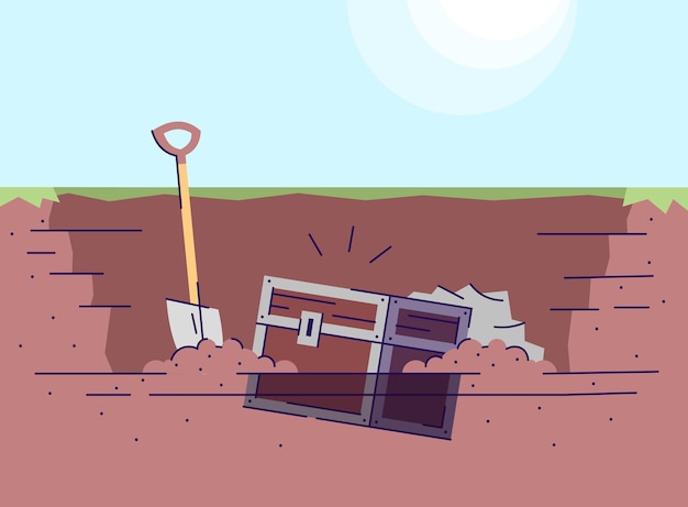 Digging up treasure chest flat vector illustration. archaeological excavations. learning of world history. treasure hunting. ancient box and spade in ground pit. historical expedition cartoon backdrop