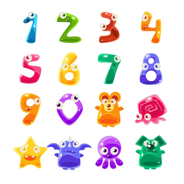 Vector digit shaped animals and jelly creatures set