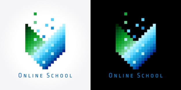 Digitaal boek logo concept. Educatief embleem met gekleurde pixels. Creatief idee.