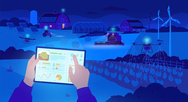 Digitaal dorp Nacht slim boerderijbeheer platteland landbouw computer tech landbouw bedrijf iot drone technologie moderne alternatieve energie opzichtige vectorillustratie