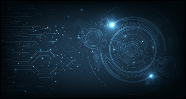 Digitaal elektrisch circuit cirkel achtergrond Afbeelding elektrisch circuit op donkerblauwe achtergrond