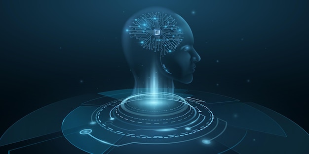 Digitaal holografisch gezicht van een cyborg-man met kunstmatige intelligentie-hersenen. Futuristische humanoïde analyseert big data. Technische achtergrond. Neurale netwerk. Vector